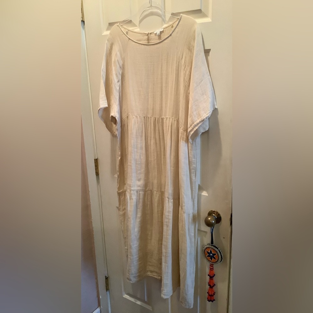 Calme by Johnny Was Ivory Tiered Maxi Dress with Short Sleeves, Size XXL, NWOT.